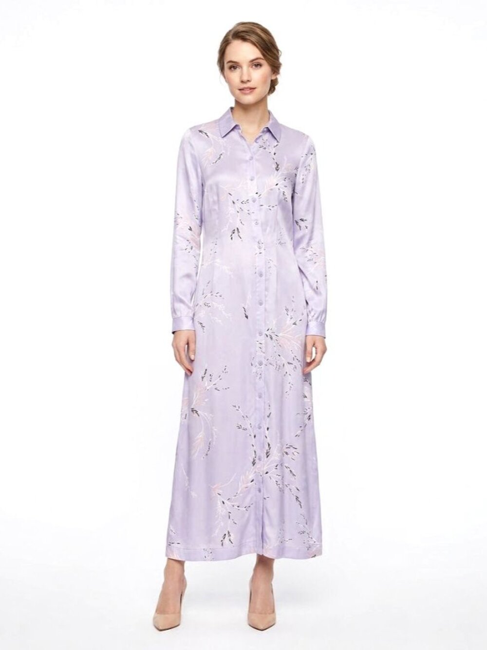 Equipment Floral Long Sleeve Shirt Maxi Dress, Lavender Silk, Womens Size Medium